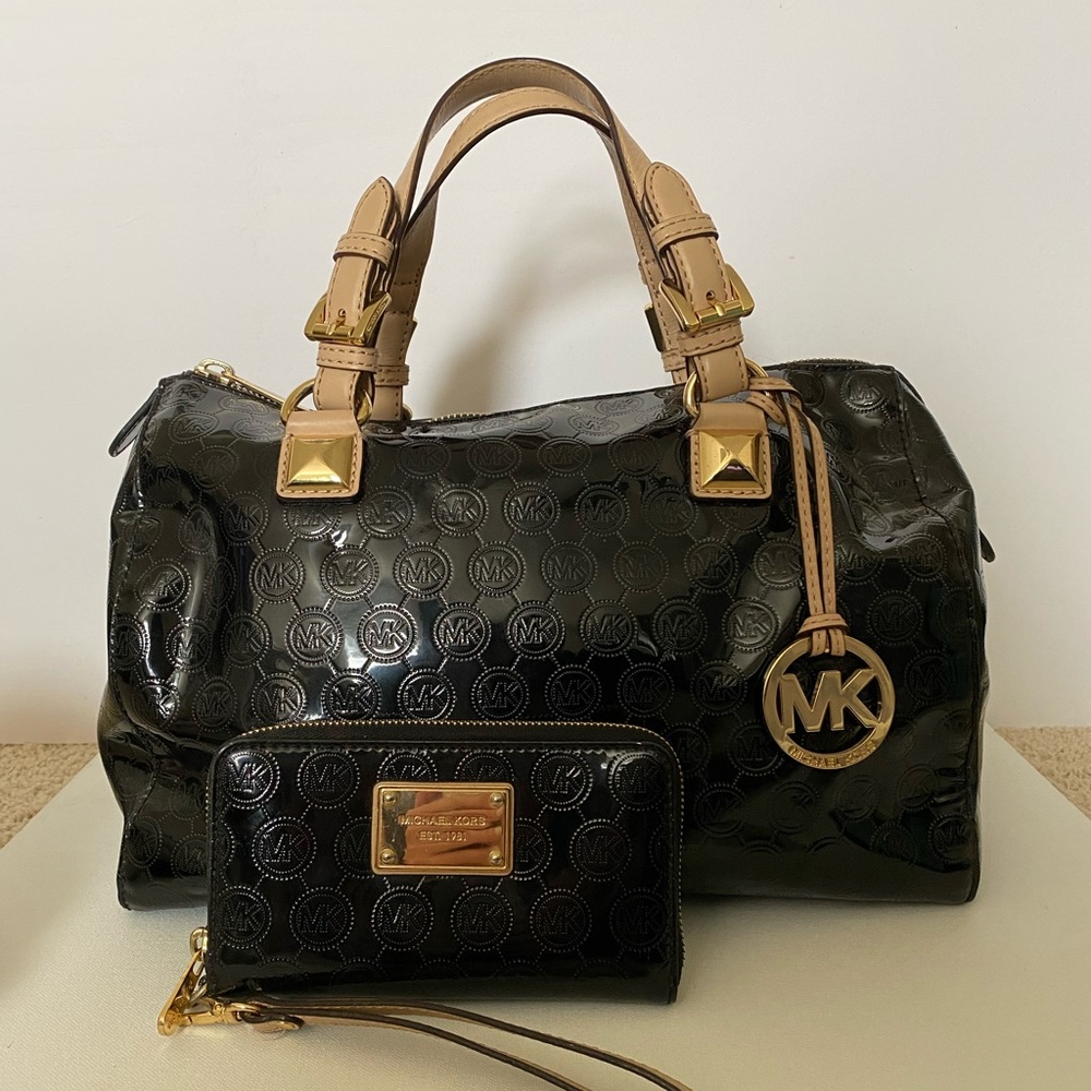 Michael Kors black logo satchel and wristlet